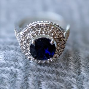 Silver-Toned Crystal & Sapphire Ring